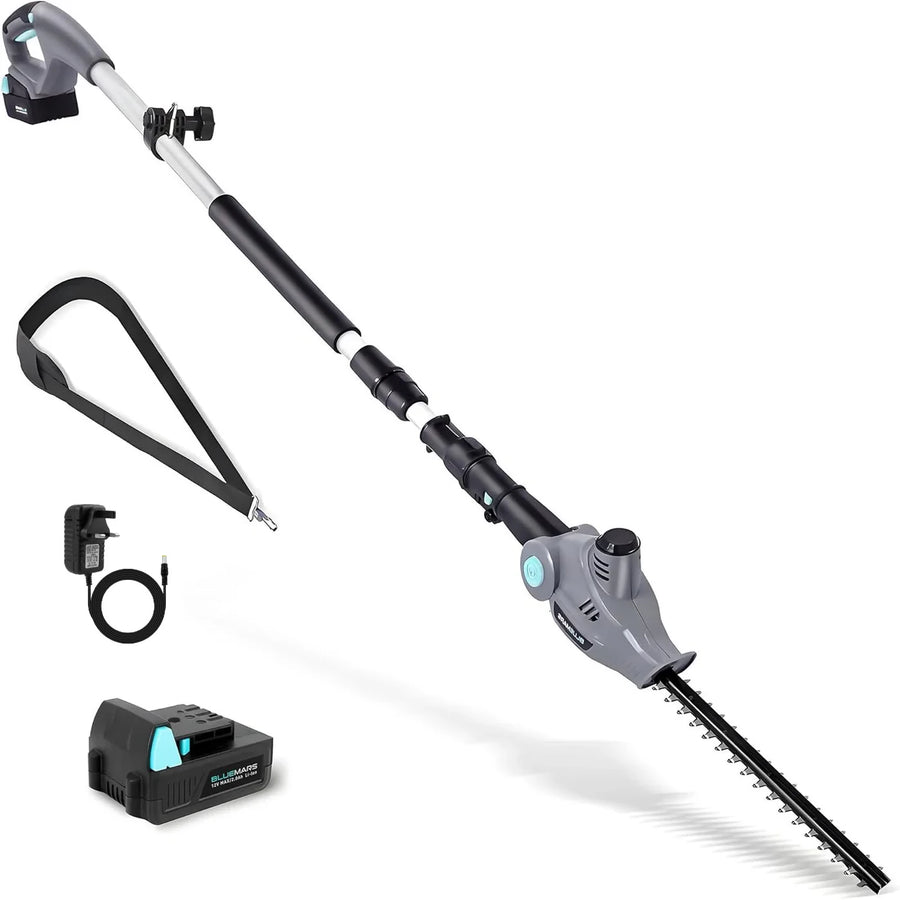 Gardening tool with adjustable pole, battery pack, and charger on a white background