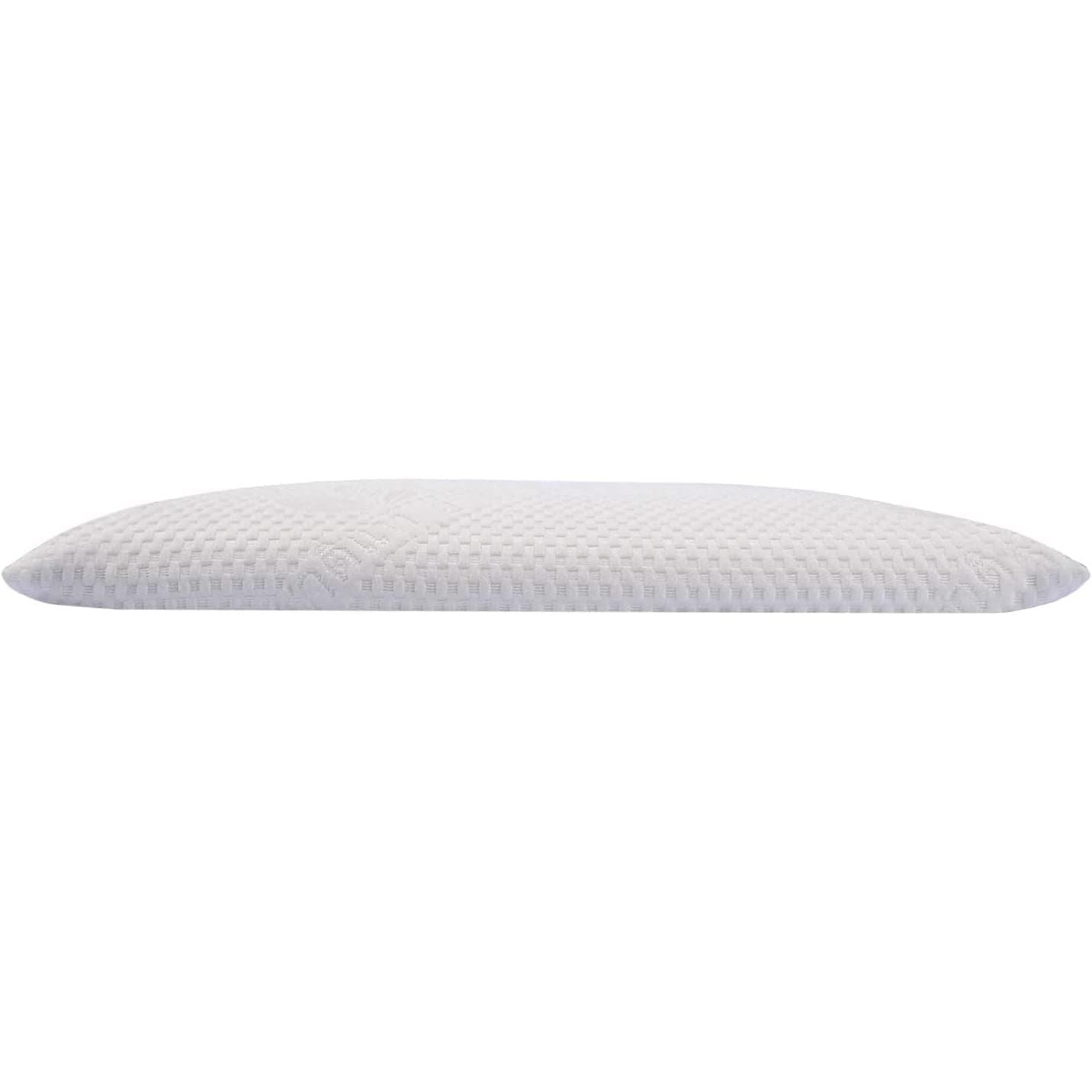 A white, thin, ventilated latex pillow with a low profile design, suitable for all sleepers.