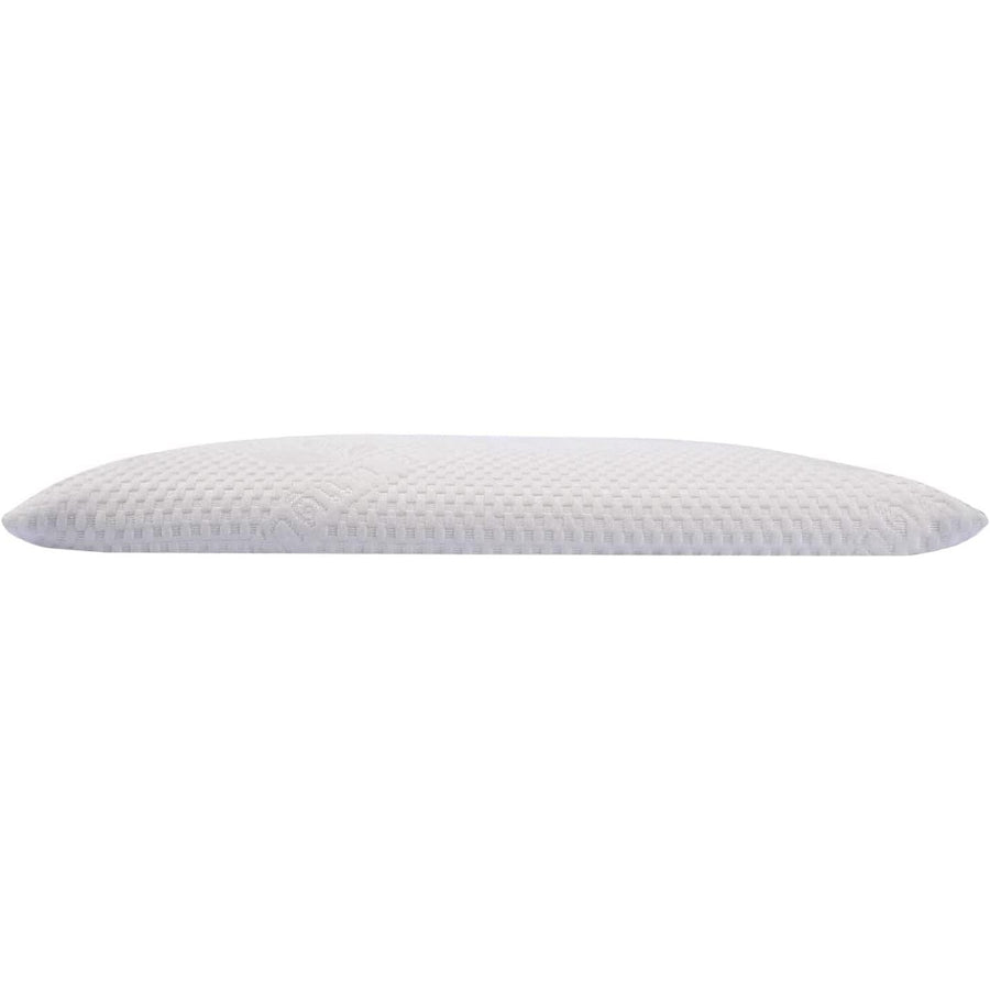 A white, thin, ventilated latex pillow with a low profile design, suitable for all sleepers.