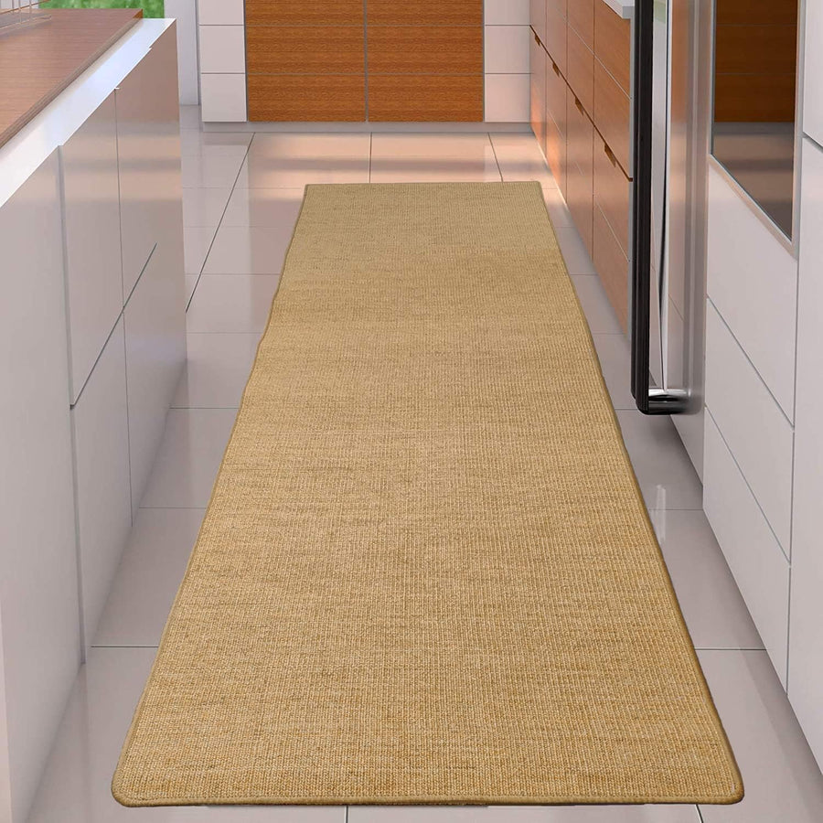Beige runner rug on a tiled floor in a modern interior setting