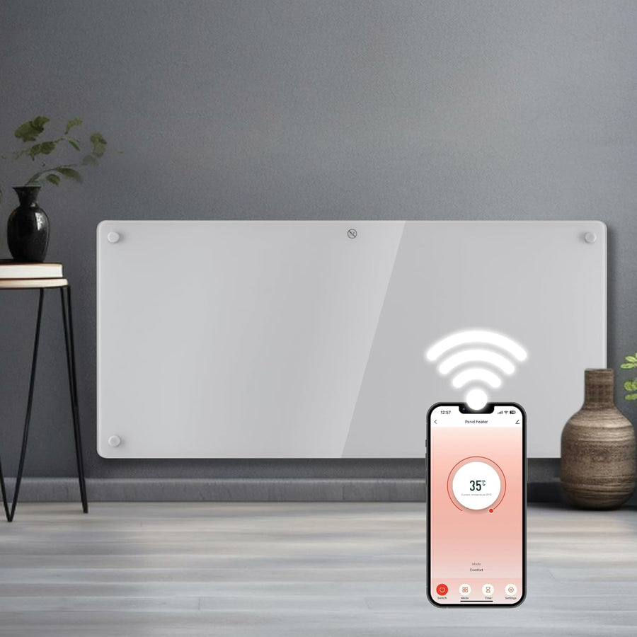 Smart radiator with smartphone app on a gray wall background