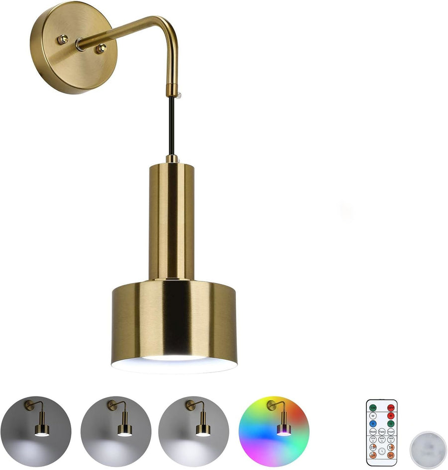 Gold wall-mounted light fixture with RGB color options and remote control on a white background