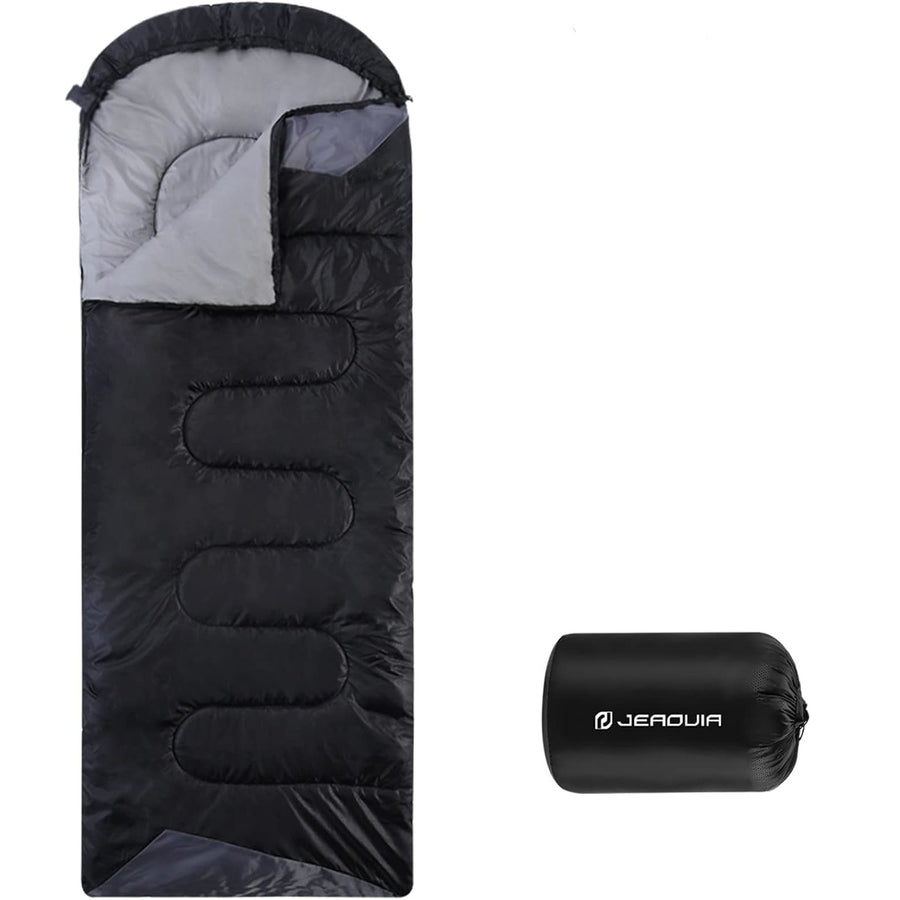 Black and gray sleeping bag with JEAOUA branding on a white background