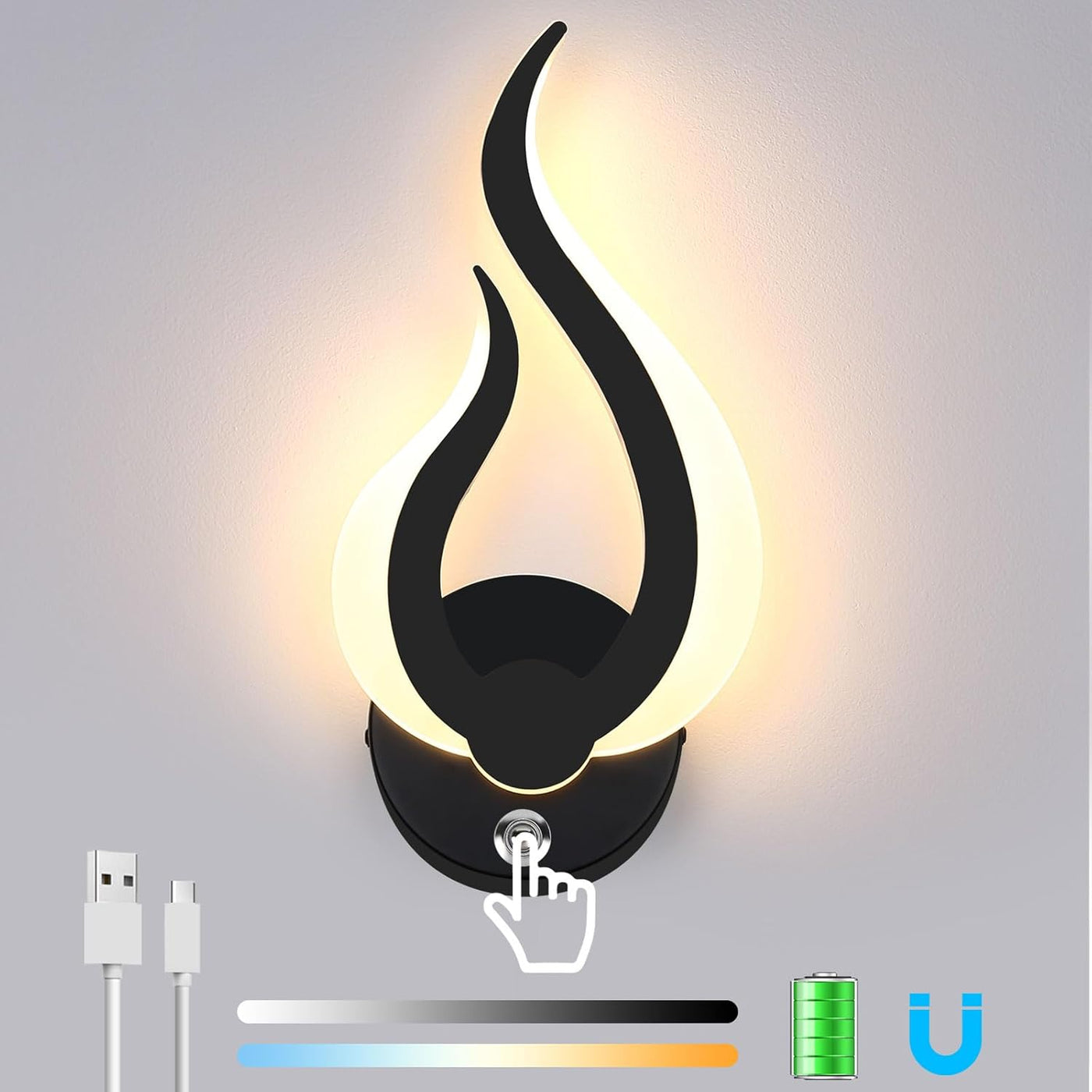 Modern wall light fixture with USB cable and battery icon on a gray background