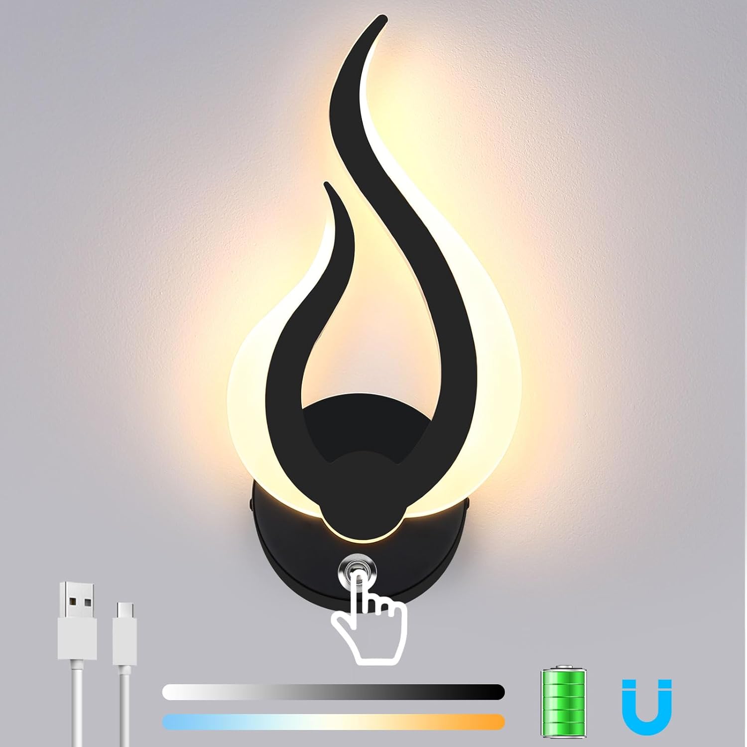Modern wall light fixture with USB cable and battery icon on a gray background