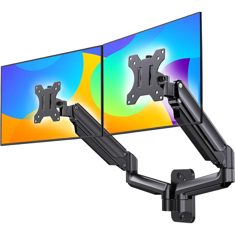 Dual monitor stand with two monitors displaying colorful screens on a white background