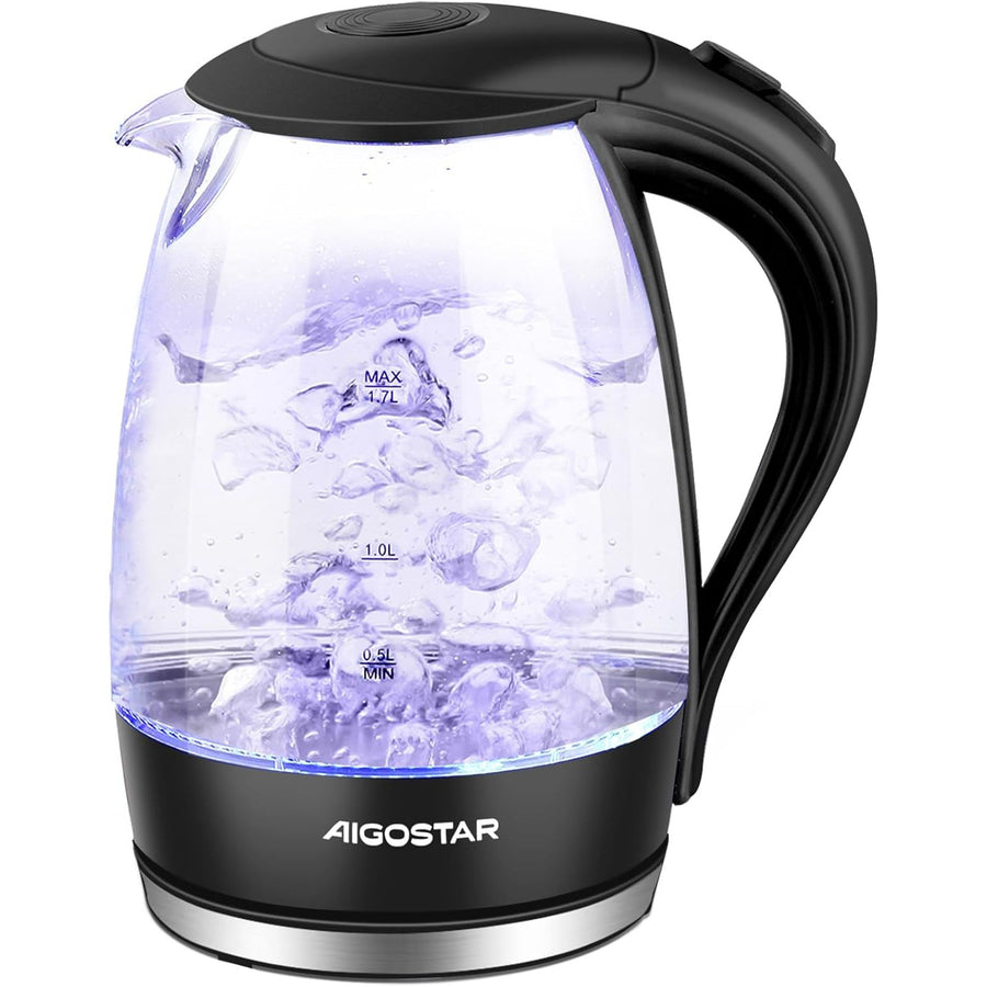 Aigostar Adam Glass Kettle with illuminated LED light, featuring a clear glass body with blue water and a black handle with the brand name on it.