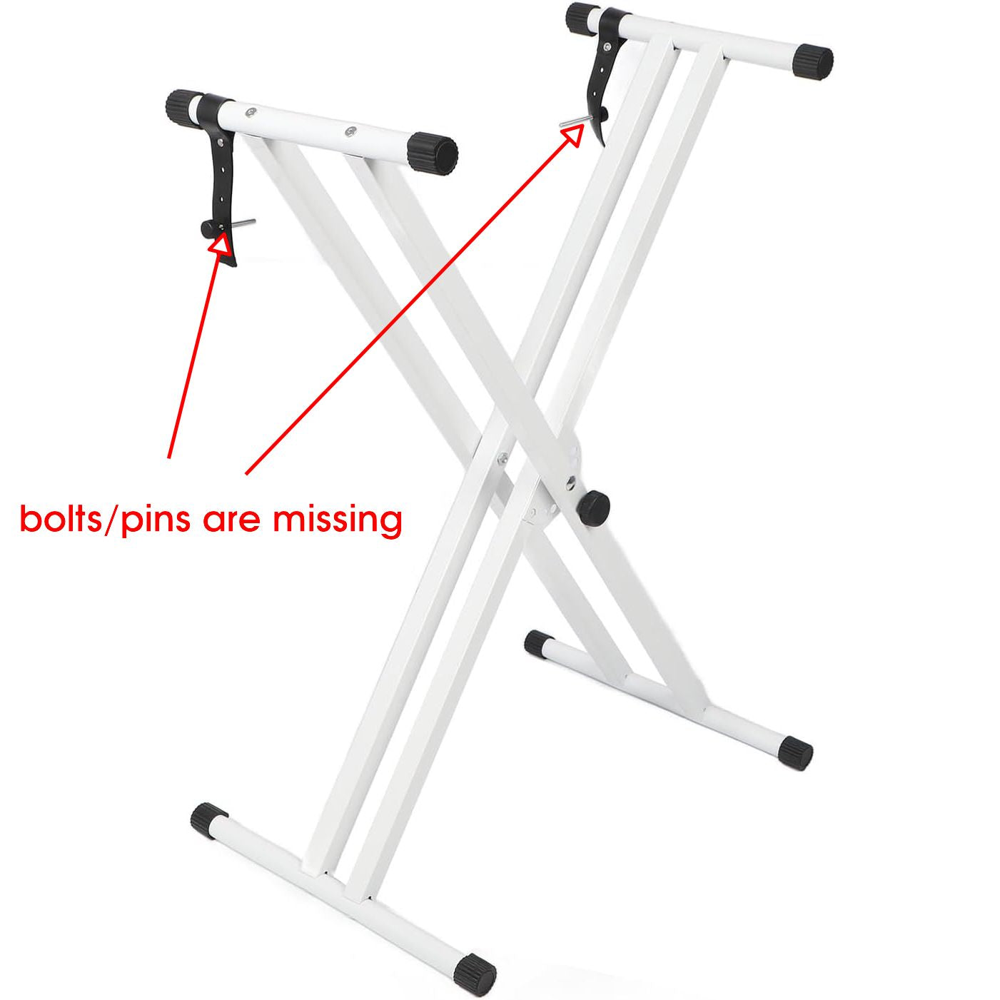 White keyboard stand with missing bolts/pins on a white background