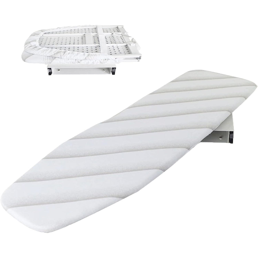White ironing board with quilted surface on a white background