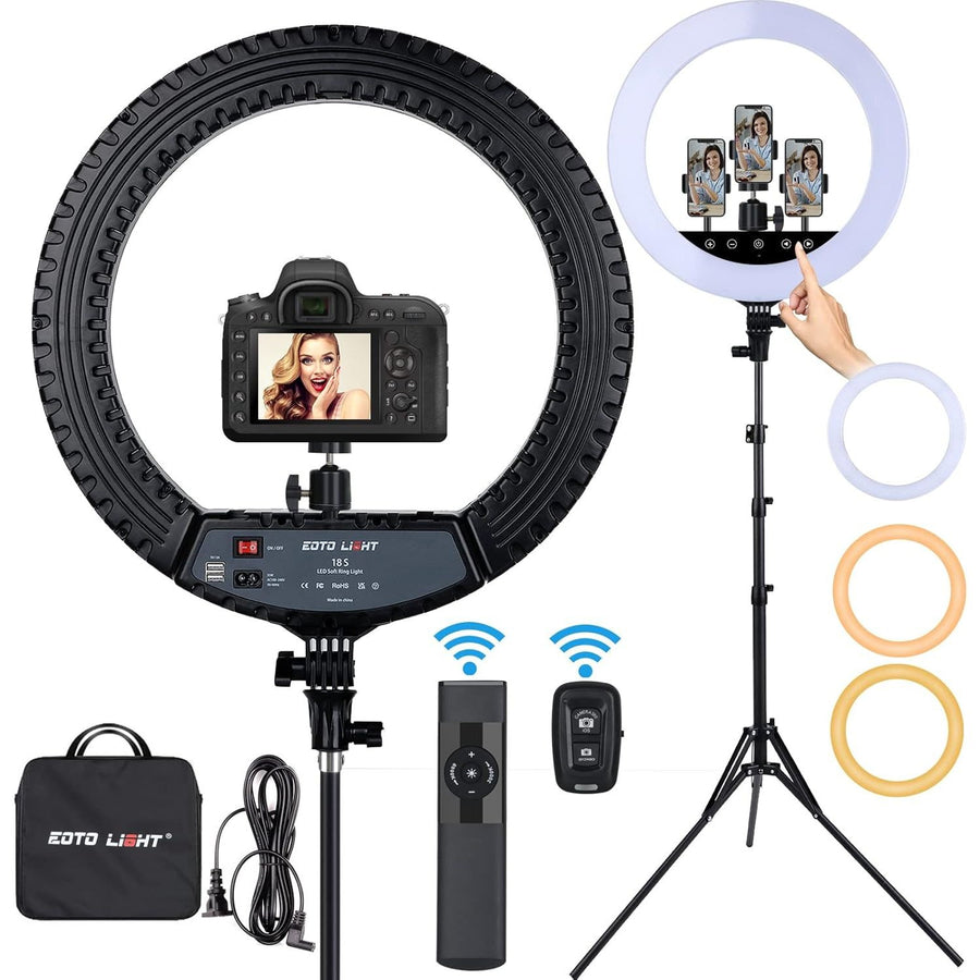 An 18-inch EOTO LED ring light with a tripod and remote, featuring touch panel control, hot shoe ports, and USB charging ports, displayed with an image of a smartphone screen showing the ring light app.