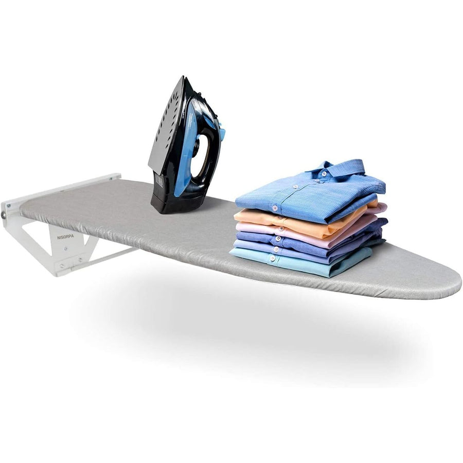 Ironing board with iron and folded shirts on a white background