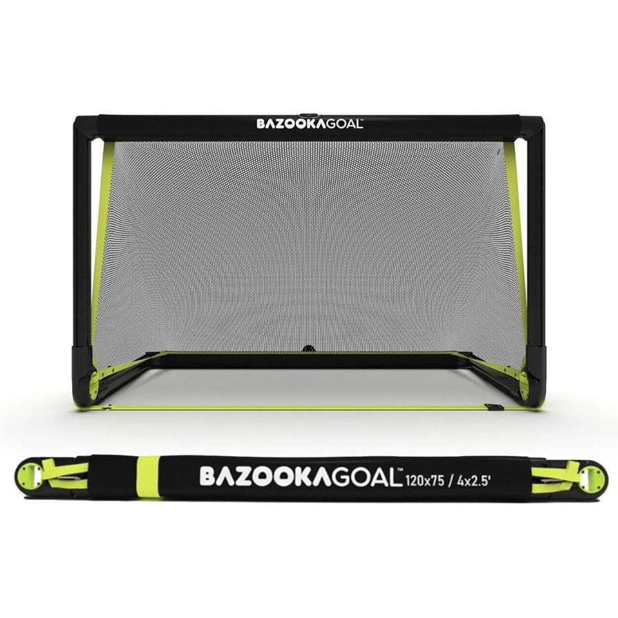 BazookaGoal soccer goal with black frame and green accents on a white background