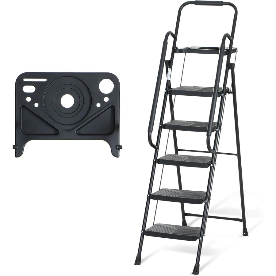 Black step ladder with a matching black camera lens on a white background