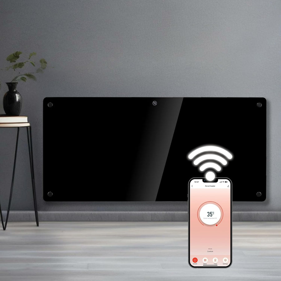 Smart home control panel with smartphone app on a gray wall background