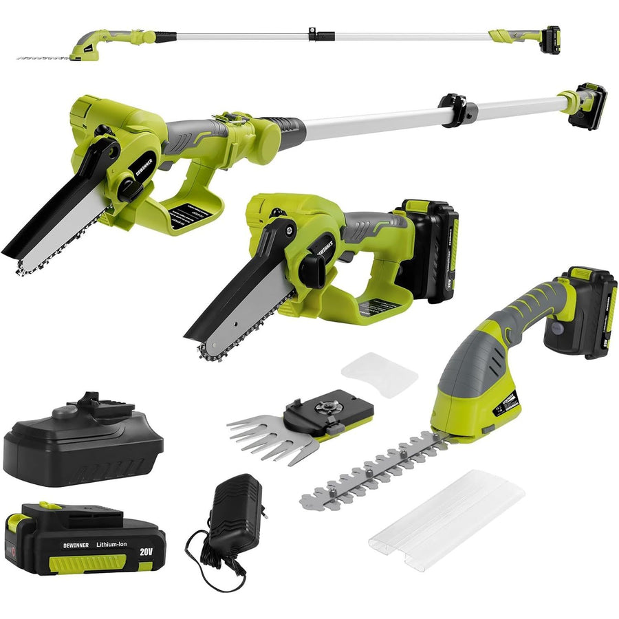 Set of green and gray power tools including a hedge trimmer, pruner, and other attachments on a white background.