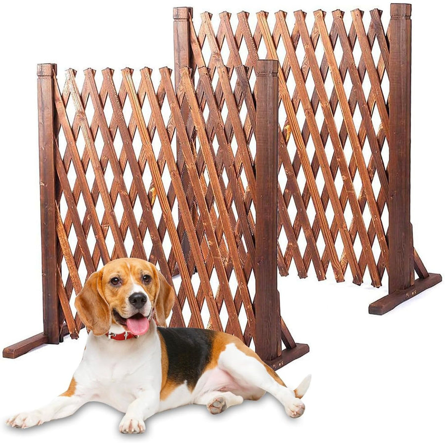 Wooden lattice pet fence with a dog sitting in front on a white background