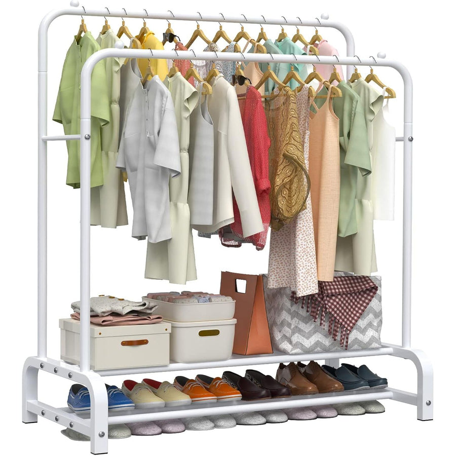 White clothing rack with clothes, shoes, and bags on a white background