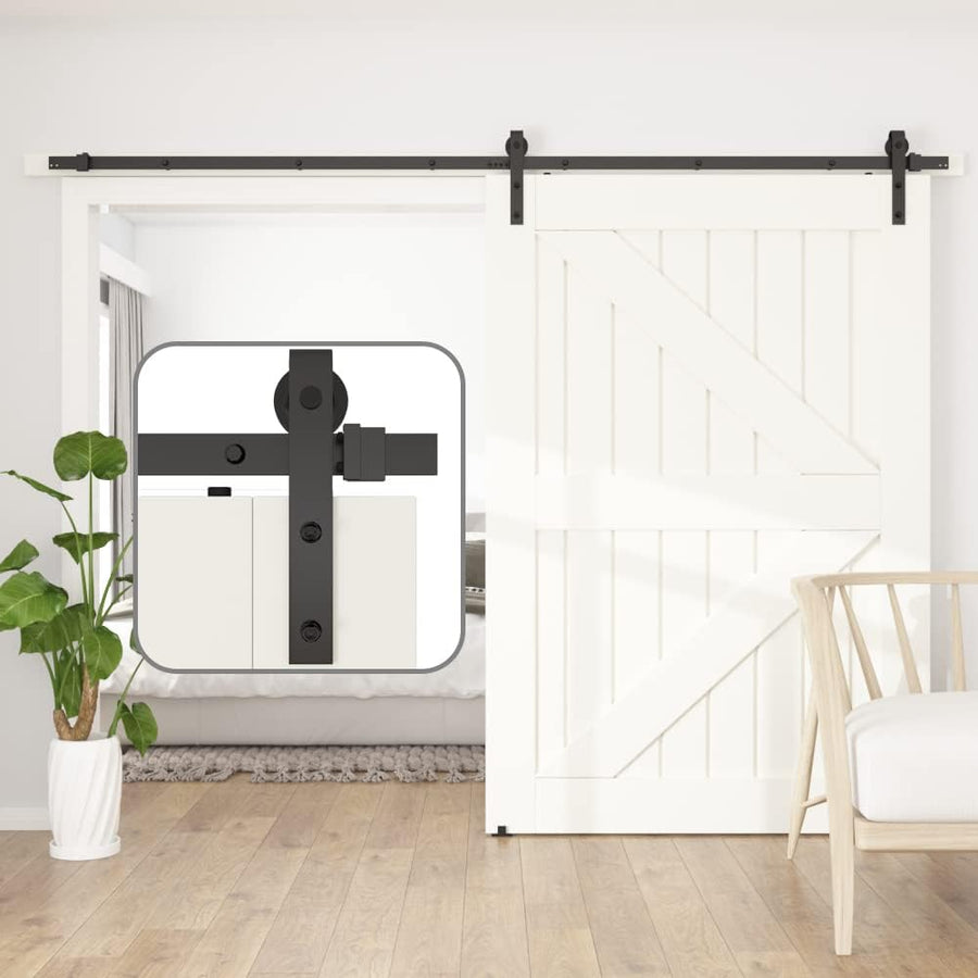 Barn door with black sliding mechanism in a room with a plant and chair.