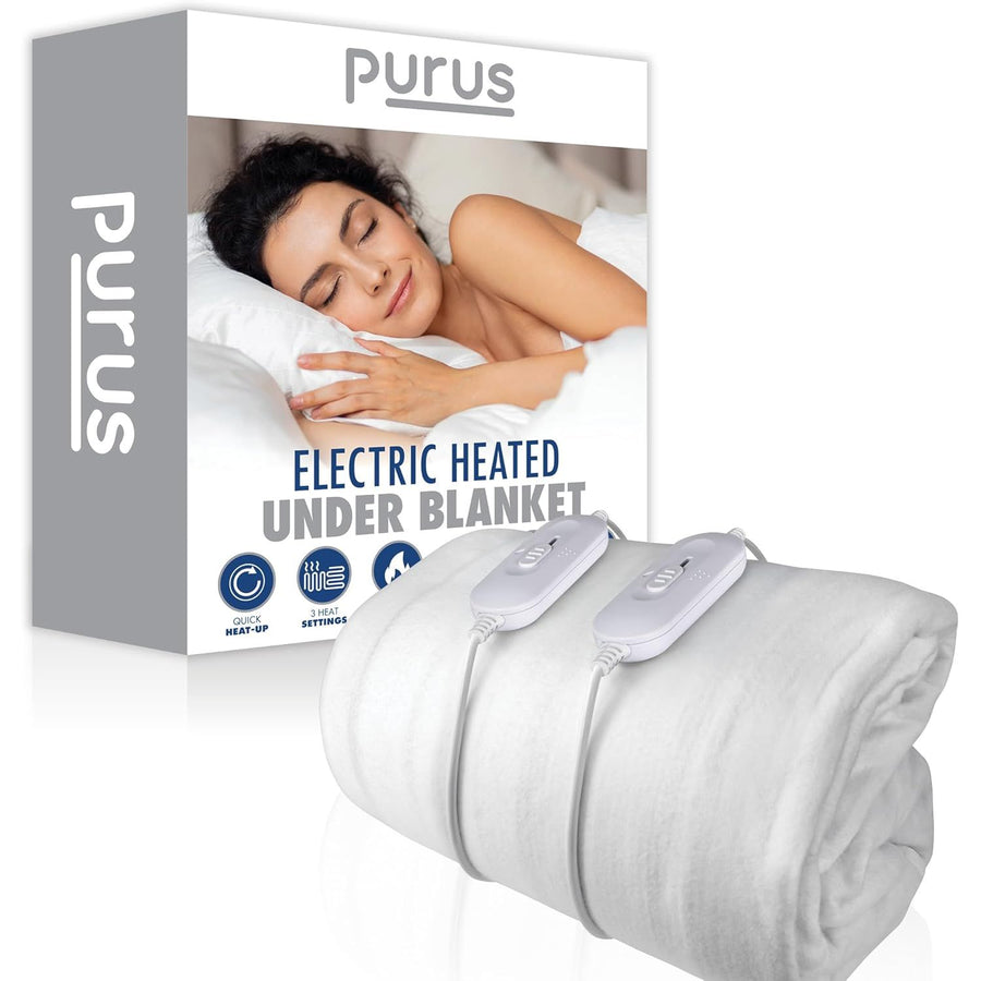 Purus electric heated under blanket with packaging on a white background