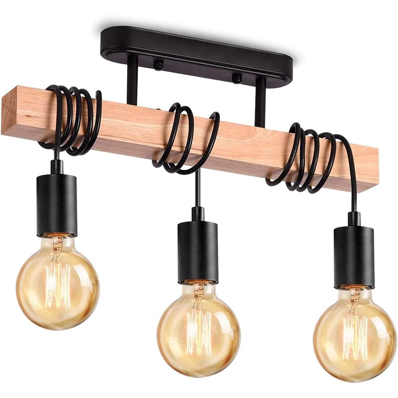 Ceiling light fixture with wooden bar and three exposed light bulbs on a white background
