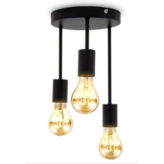 Ceiling light fixture with three exposed light bulbs on a white background