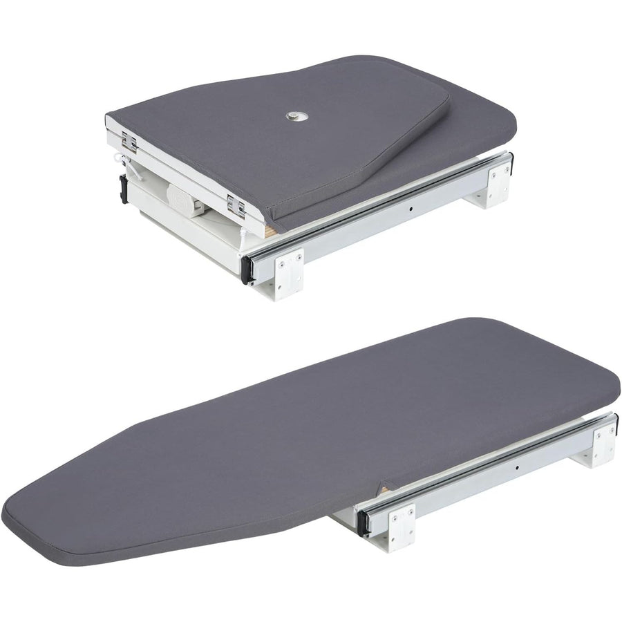 Two ironing boards with gray covers and white frames on a white background