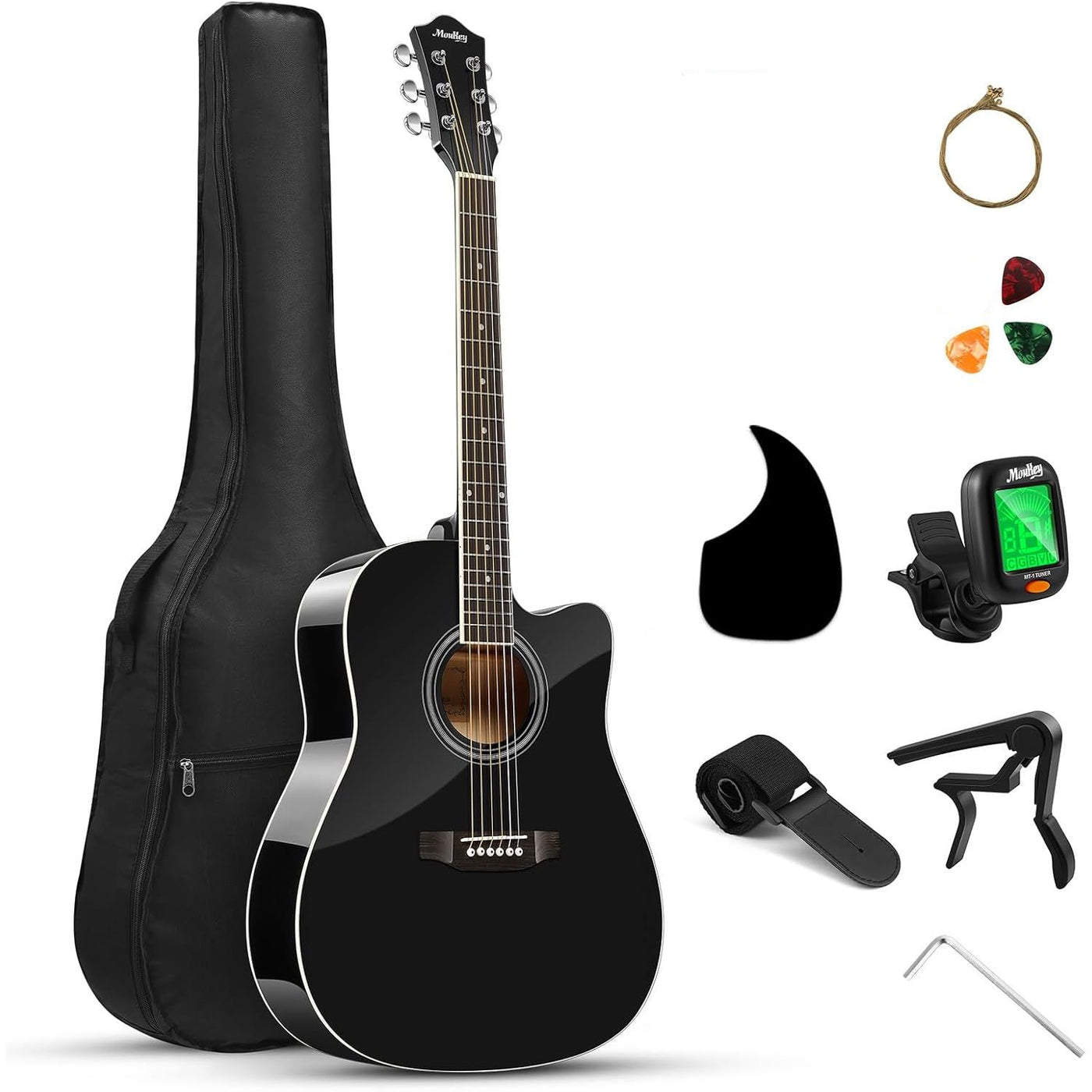 Black acoustic guitar with accessories on a white background