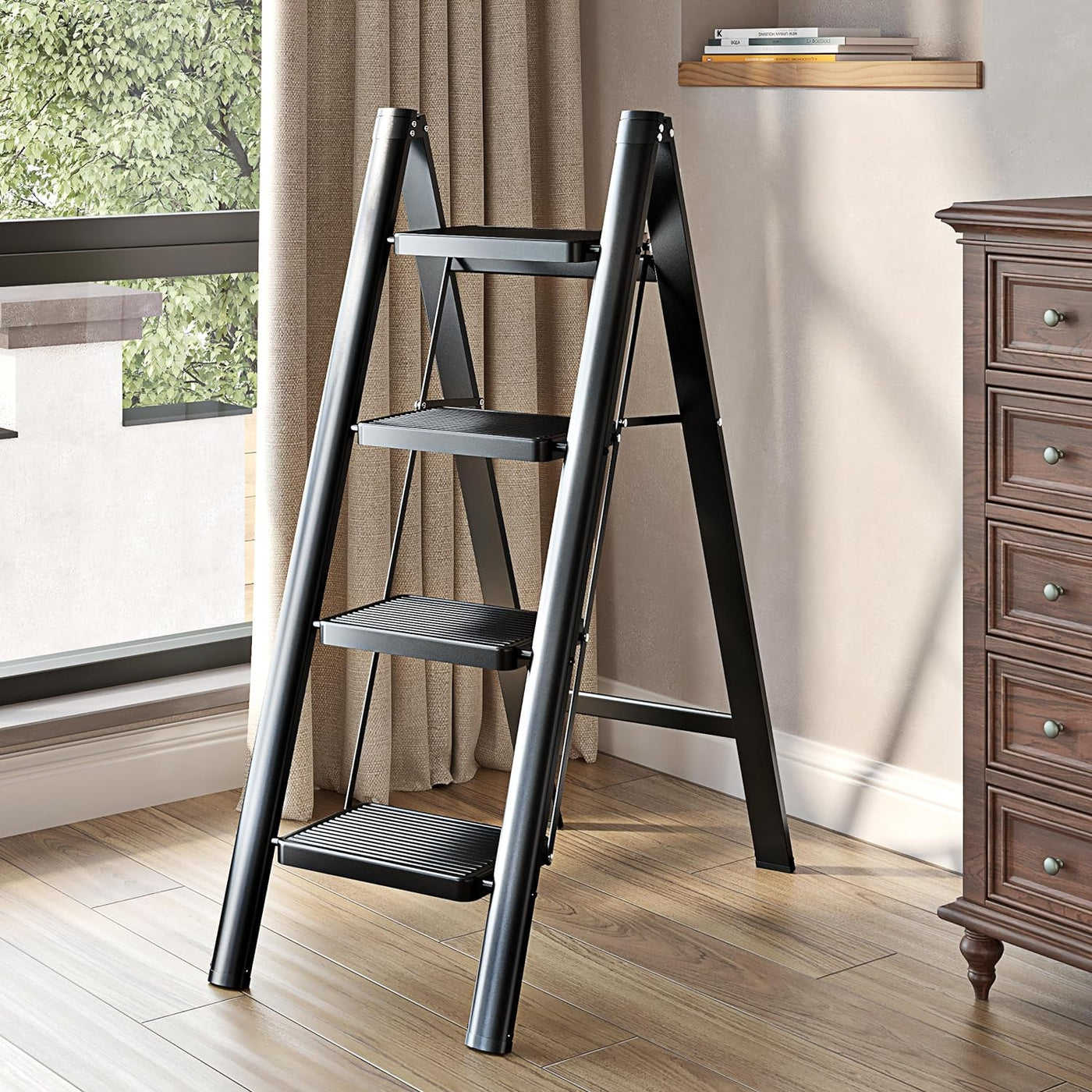 Folding Ladder 4-Step 270KG Capacity Anti-Slip Wide Treads Black JOISCOPE