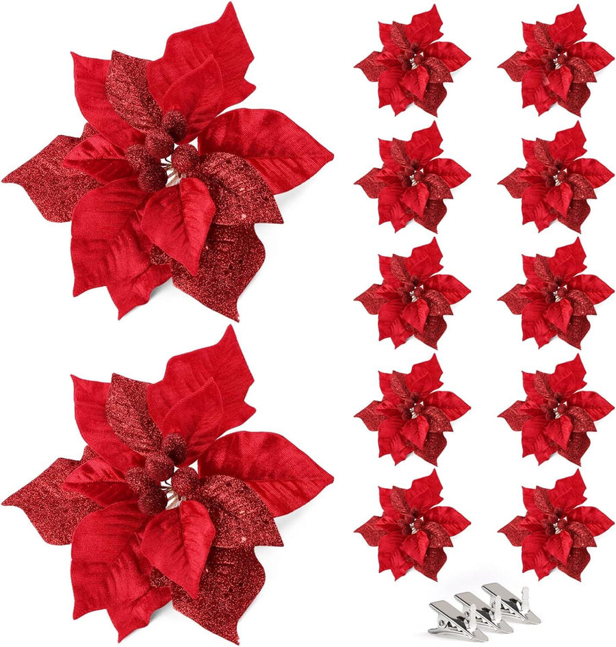 10 pcs Christmas Glittery Flower 23CM Red Ornament for Tree with Clips - Massive Discounts