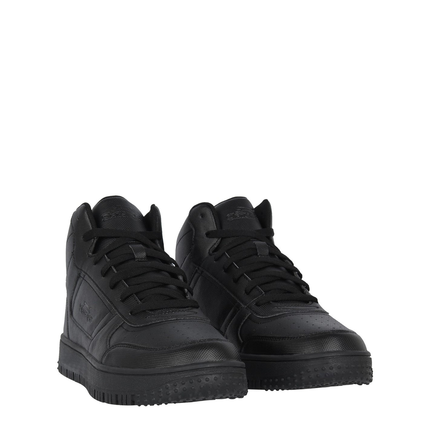 A pair of black Slazenger Tower HI top trainers with a padded ankle, perforated fit, and a lace-up closure.
