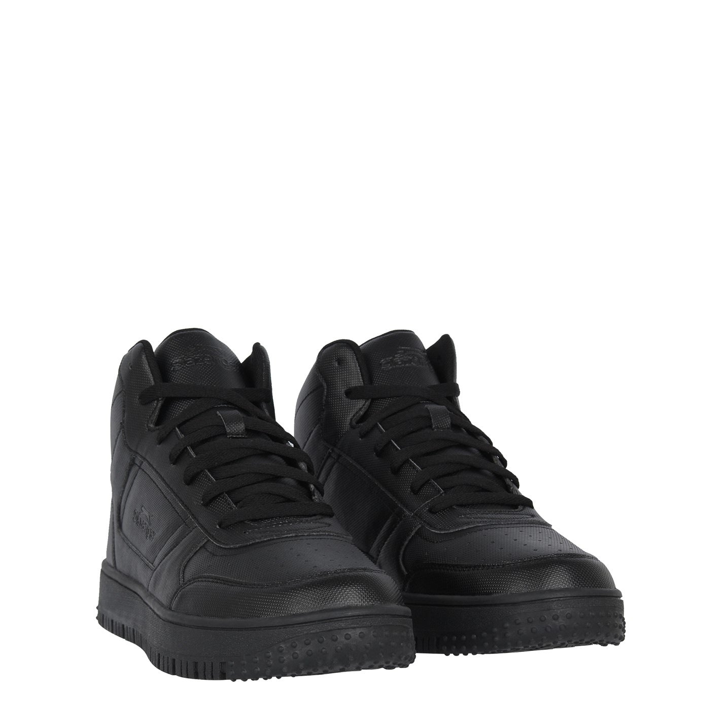 A pair of black Slazenger Tower HI top trainers with a padded ankle, perforated fit, and a lace-up closure.