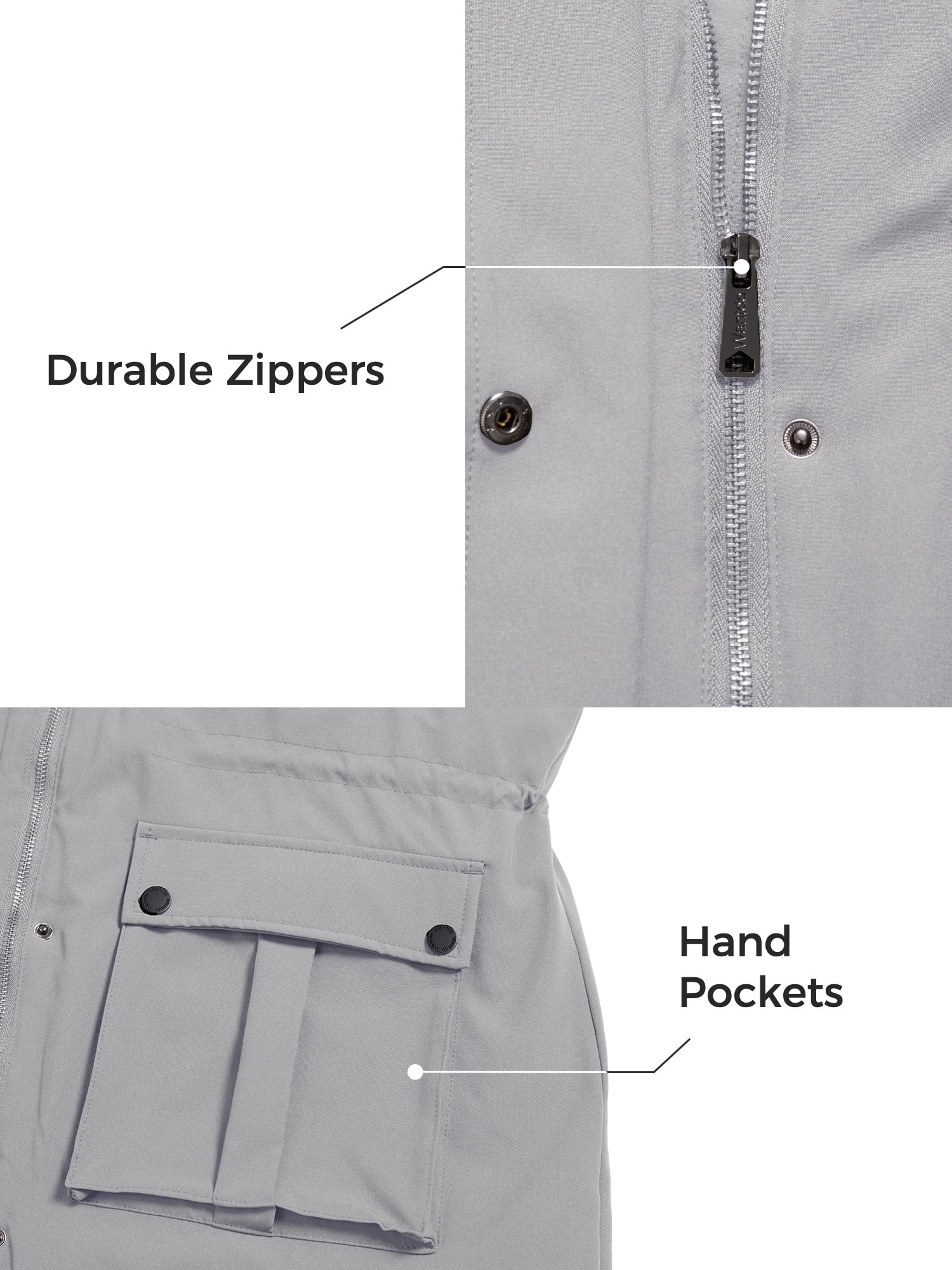Gray jacket with durable zippers and hand pockets labeled.