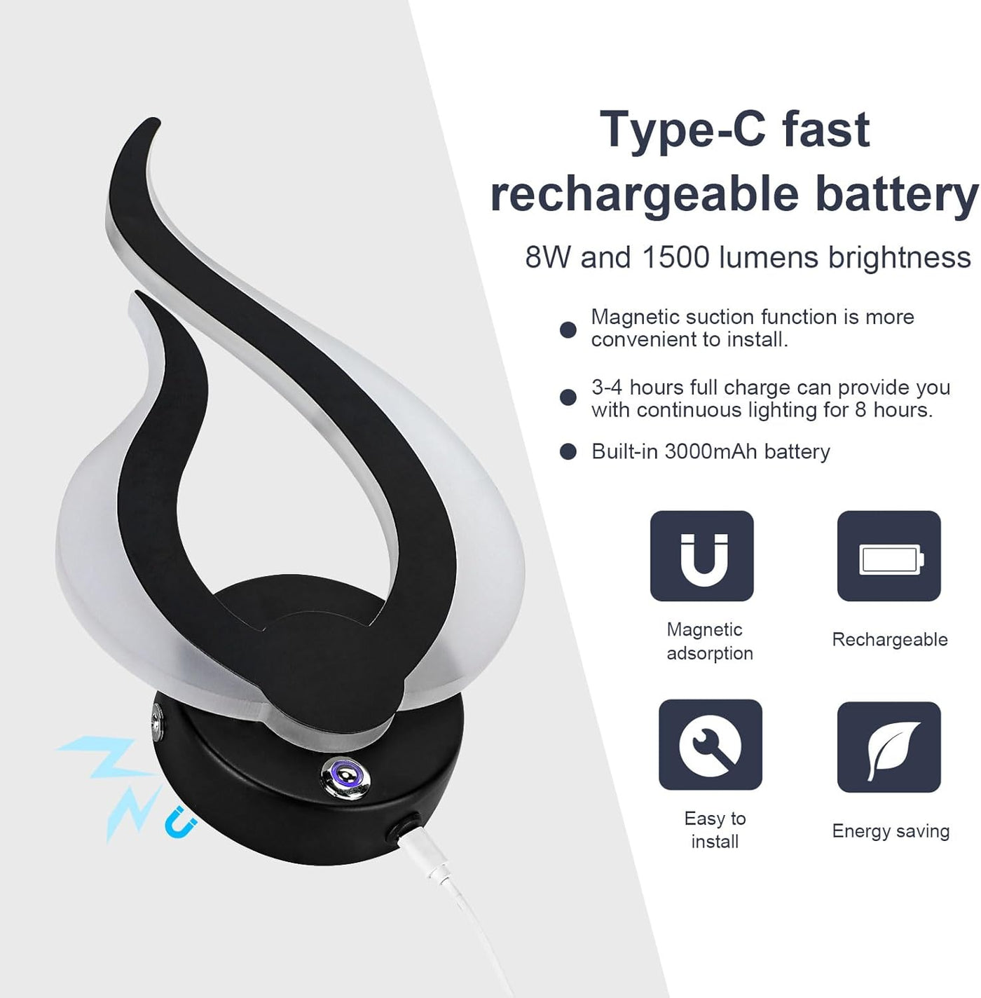 Lighting device with Type-C fast rechargeable battery features on a white background