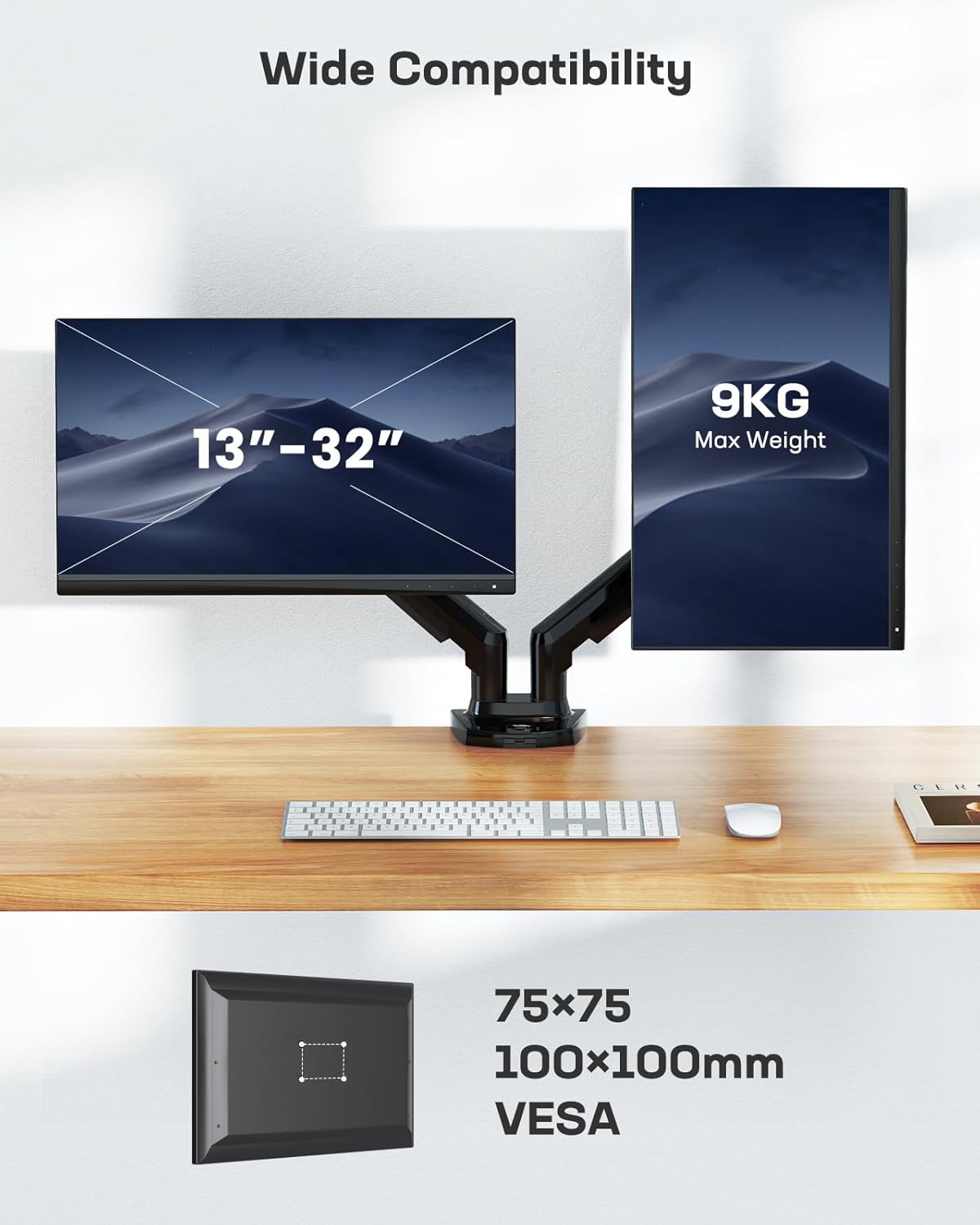 HUANUO Dual Monitor Arm 13–32", Adjustable Desk Mount, VESA 75/100