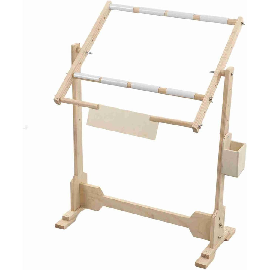Wooden quilting frame with white bars on a white background