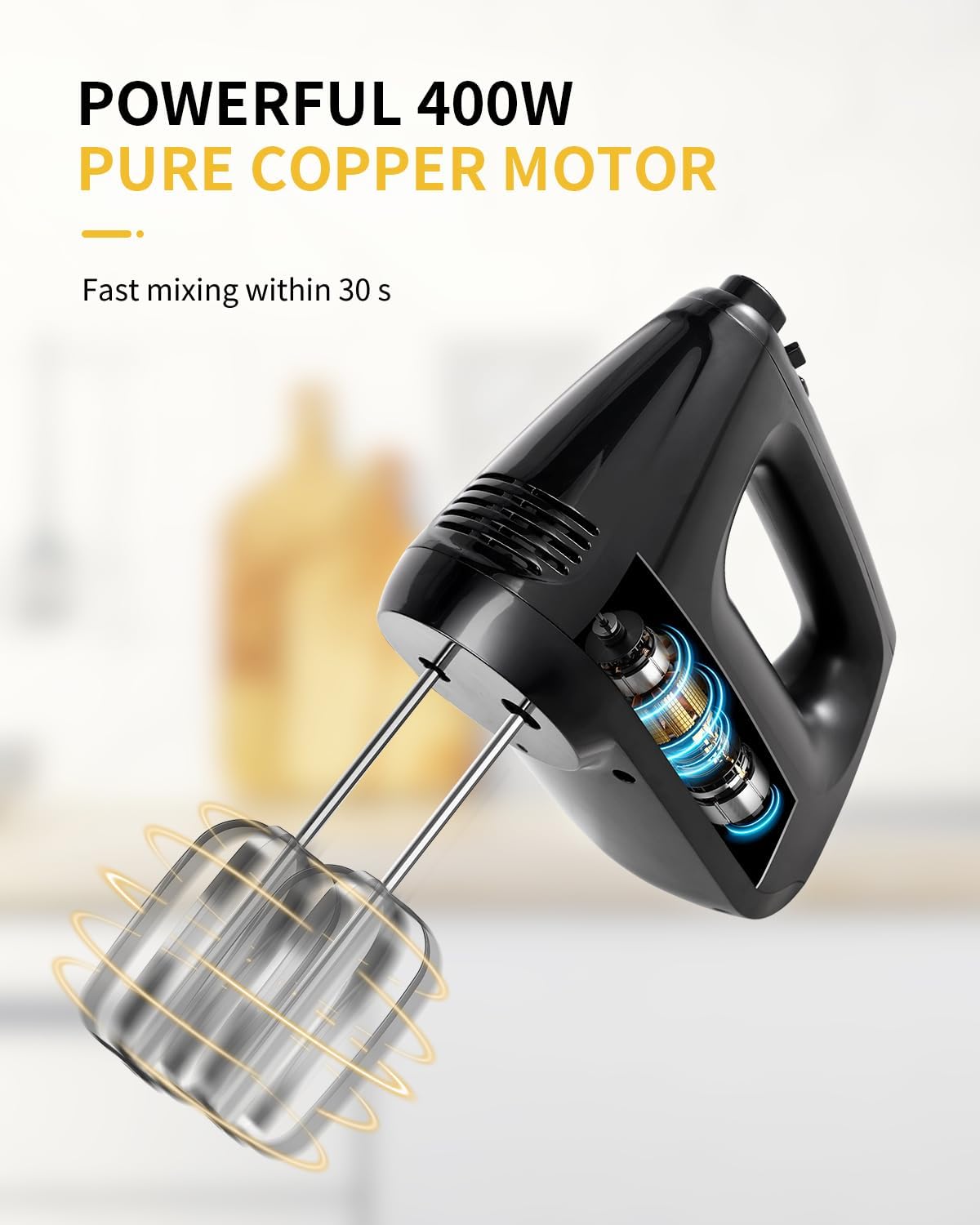 Handheld mixer with pure copper motor on a white background
