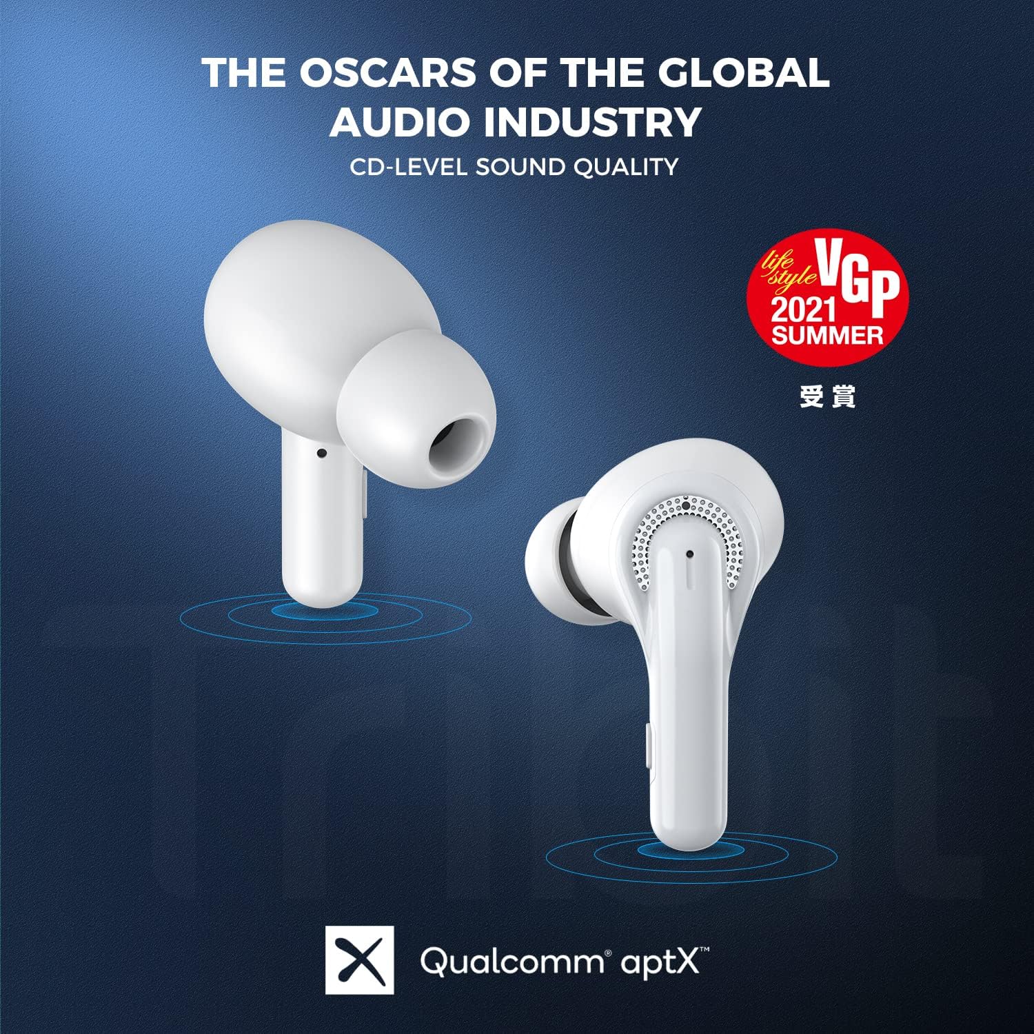 White wireless earbuds on a dark blue background with text and awards logo.