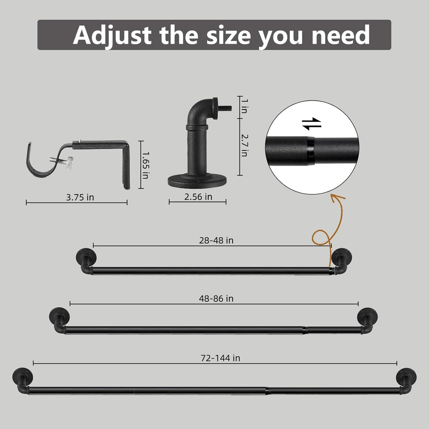 Black metal curtain rod with adjustable size options on a gray background