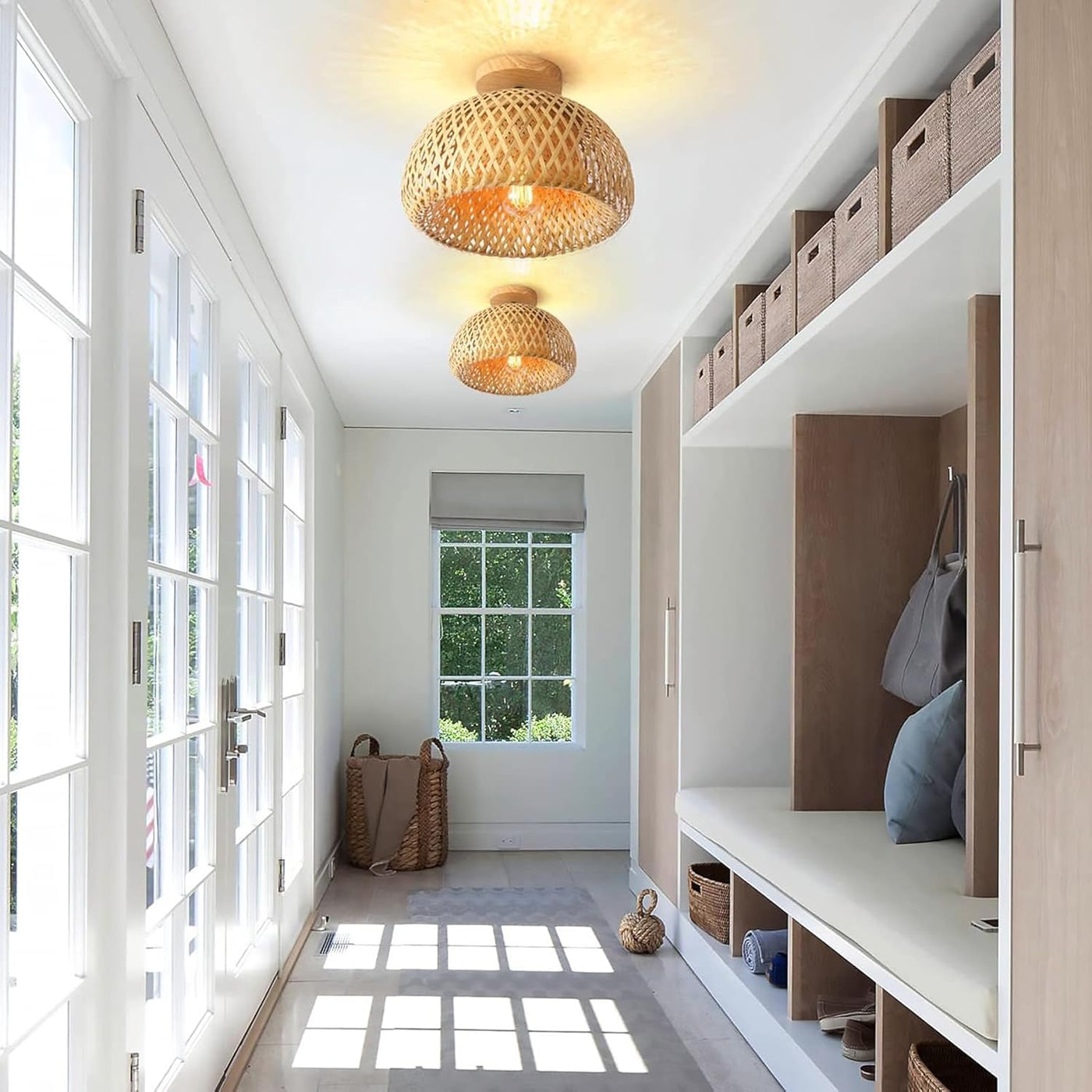 Modern hallway with wooden shelves, wicker baskets, and pendant lights.