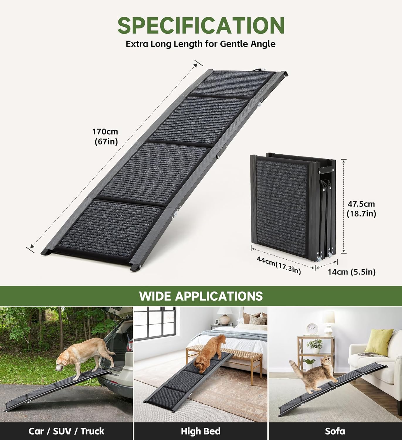 Pet ramp with dimensions and usage scenarios on a white background