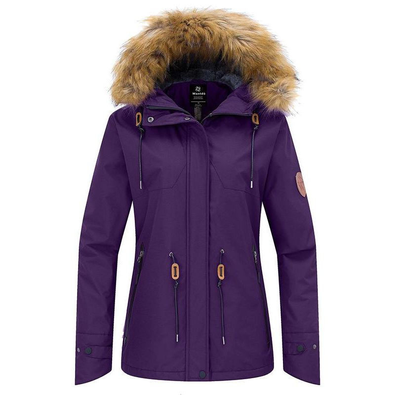 Purple winter jacket with fur-lined hood on a white background