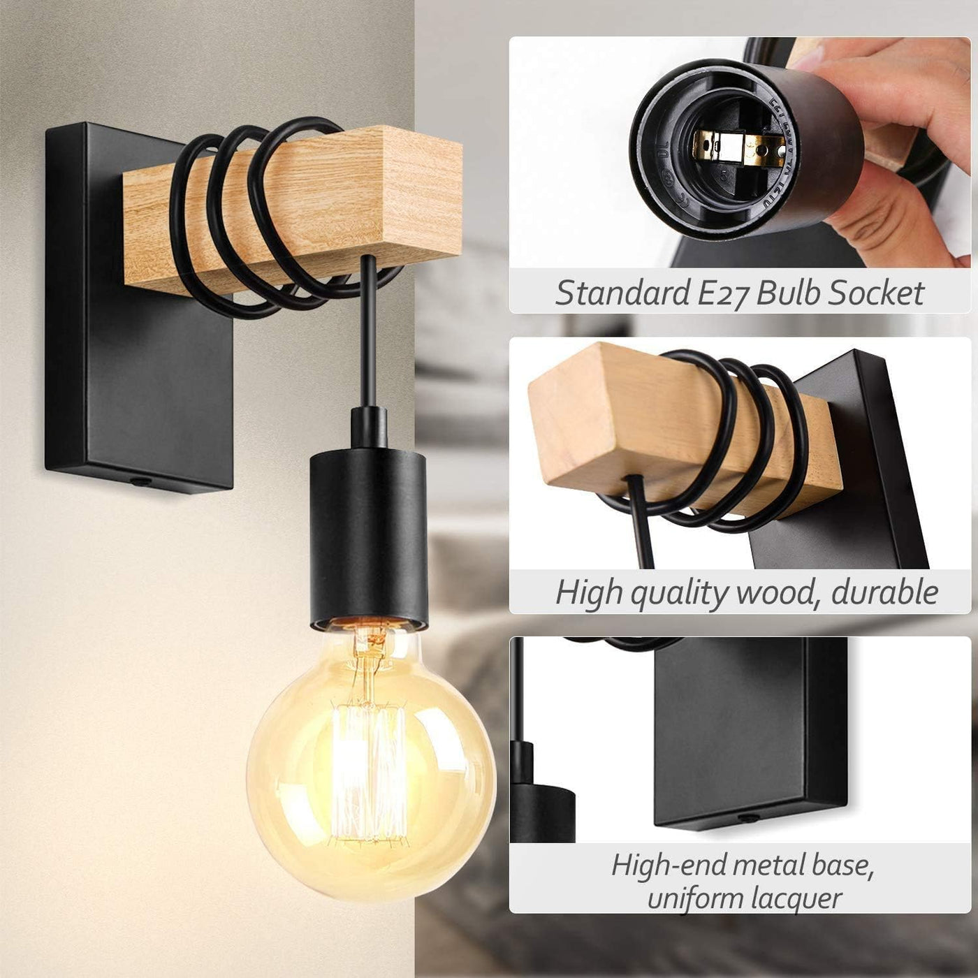 Wall-mounted light fixture with wooden accents and text highlighting features.