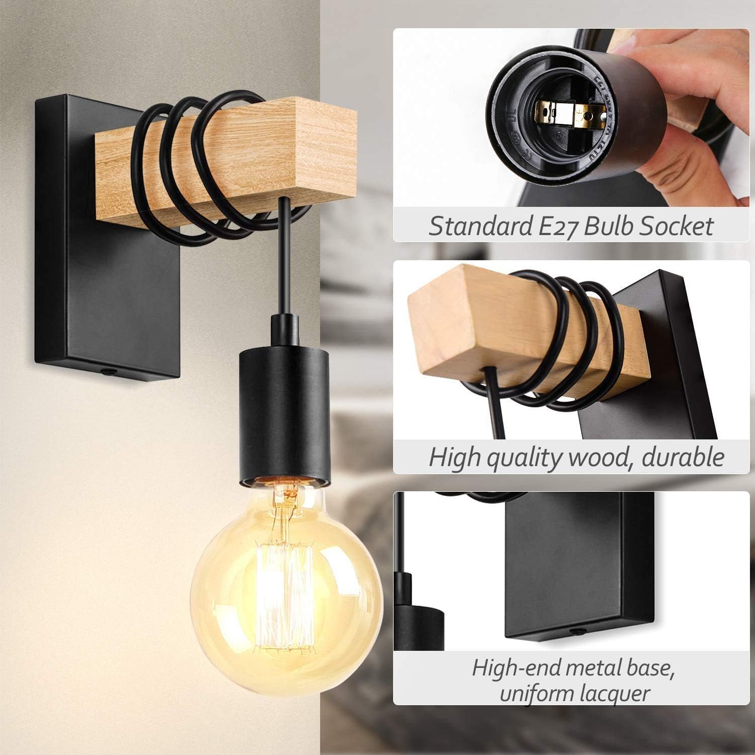 Wall-mounted light fixture with wooden accents and text highlighting features.