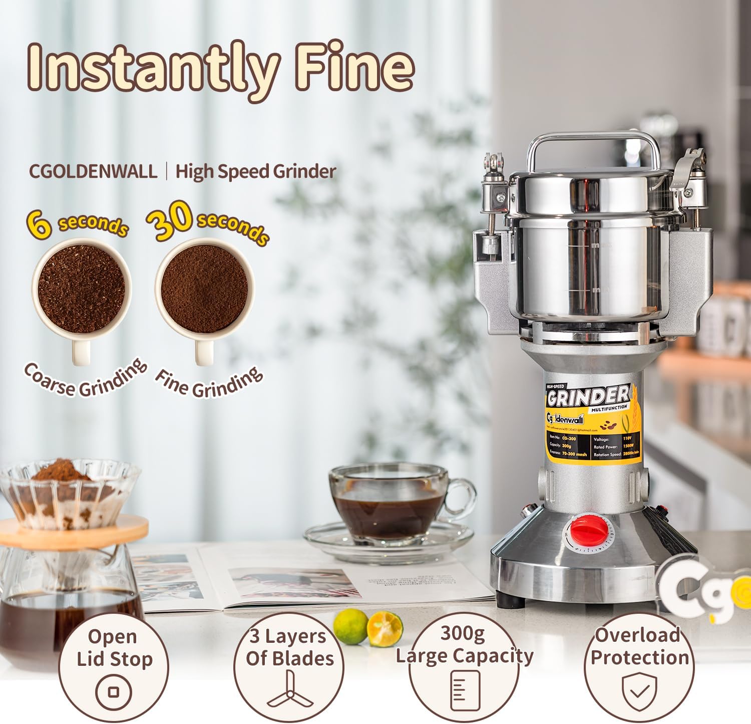 Electric Grain Grinder 300g Herb & Spice Mill with Safety Stop 220V CGOLDENWALL