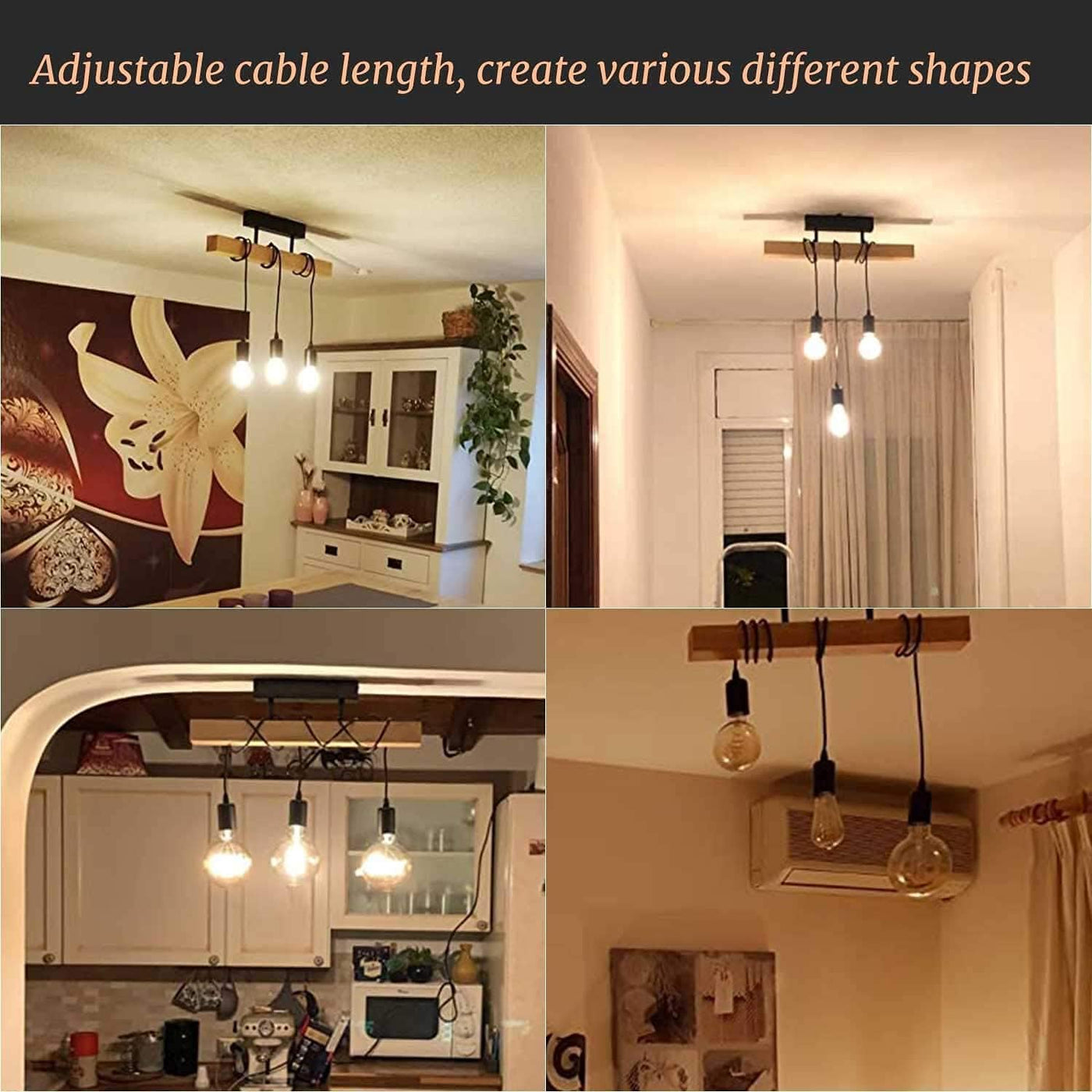 Collage of light fixtures with adjustable cable lengths in various indoor settings.