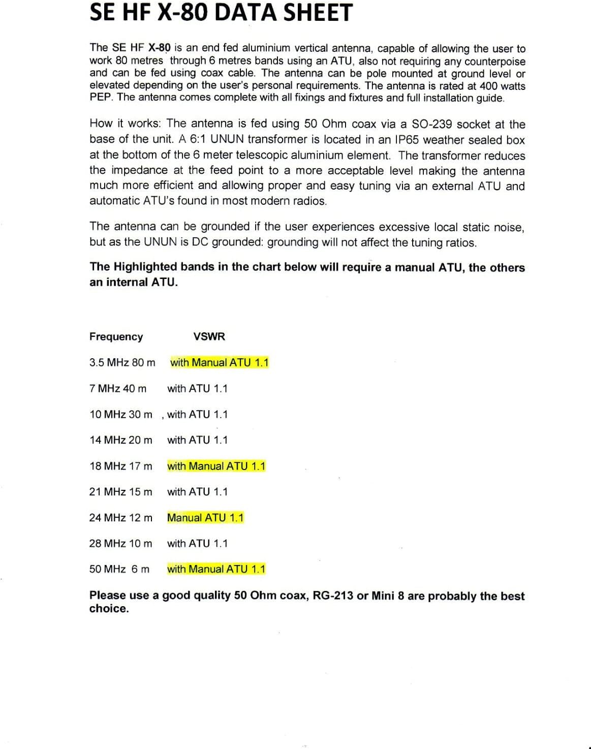 SE X80 VERTICAL HF RADIAL FREE ANTENNA 80 TO 6 METRES