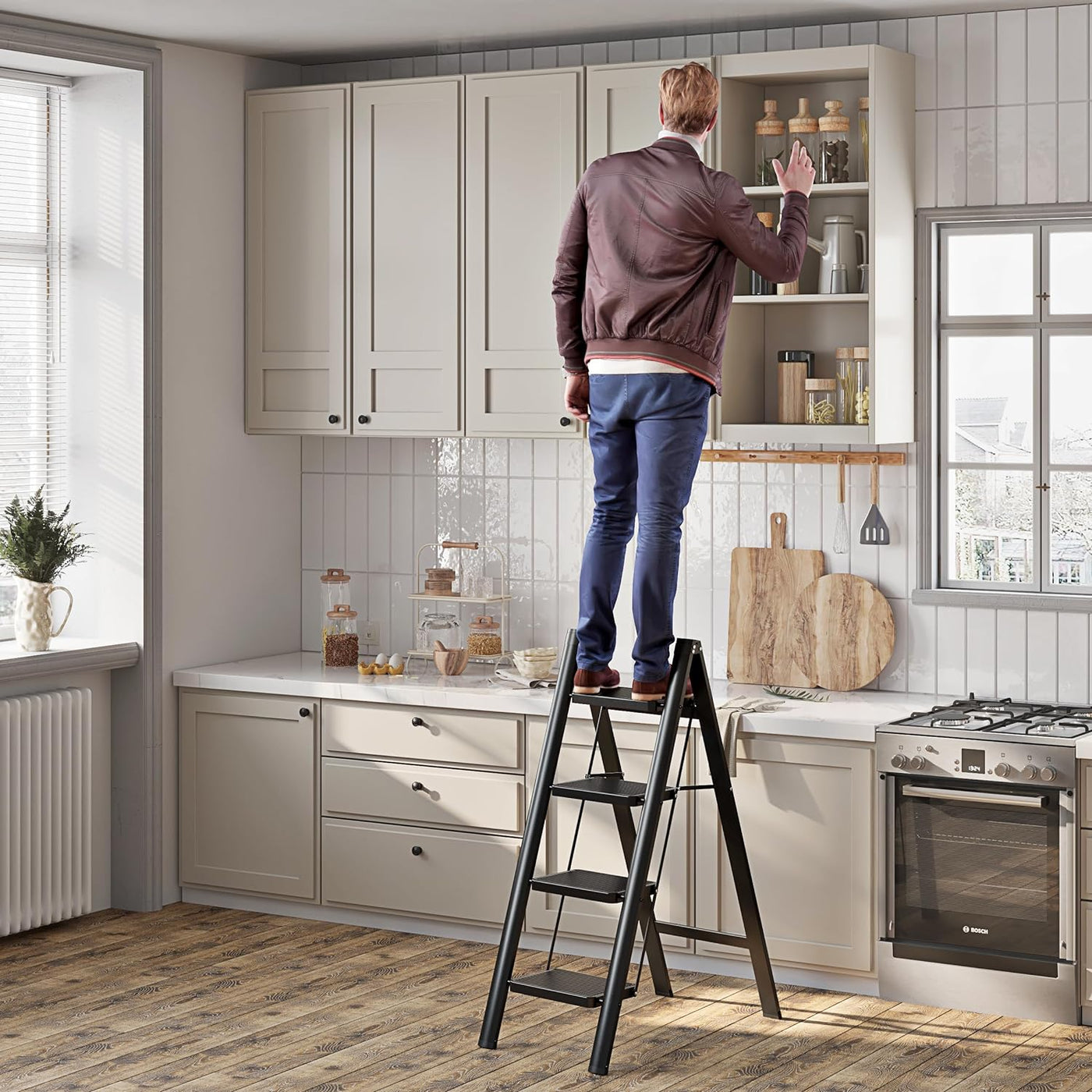 Folding Ladder 4-Step 270KG Capacity Anti-Slip Wide Treads Black JOISCOPE