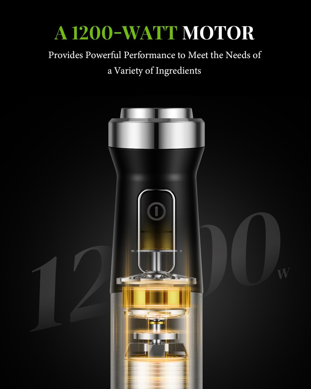 Black and silver kitchen appliance with '1200-watt' text on a dark background