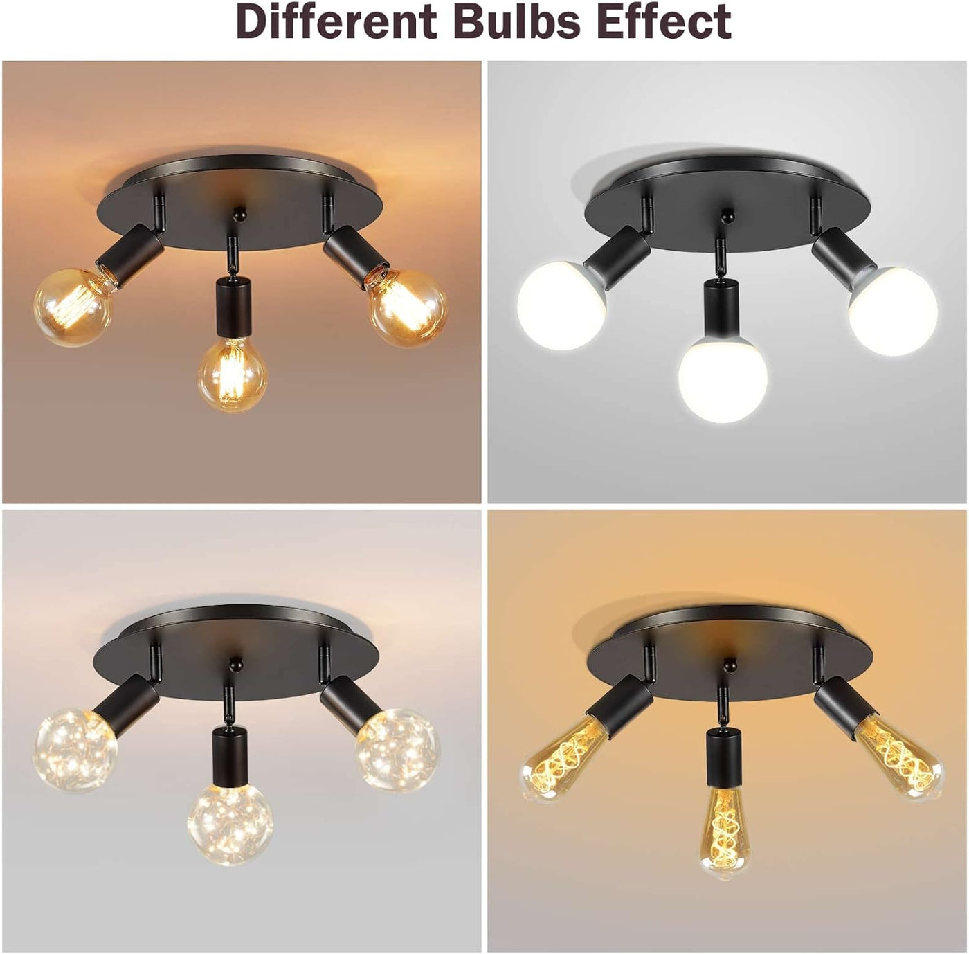 Ceiling light fixture with different bulbs on a neutral background