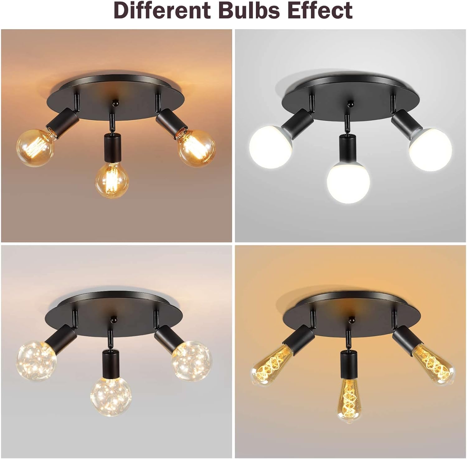 Ceiling light fixture with different bulbs on a neutral background